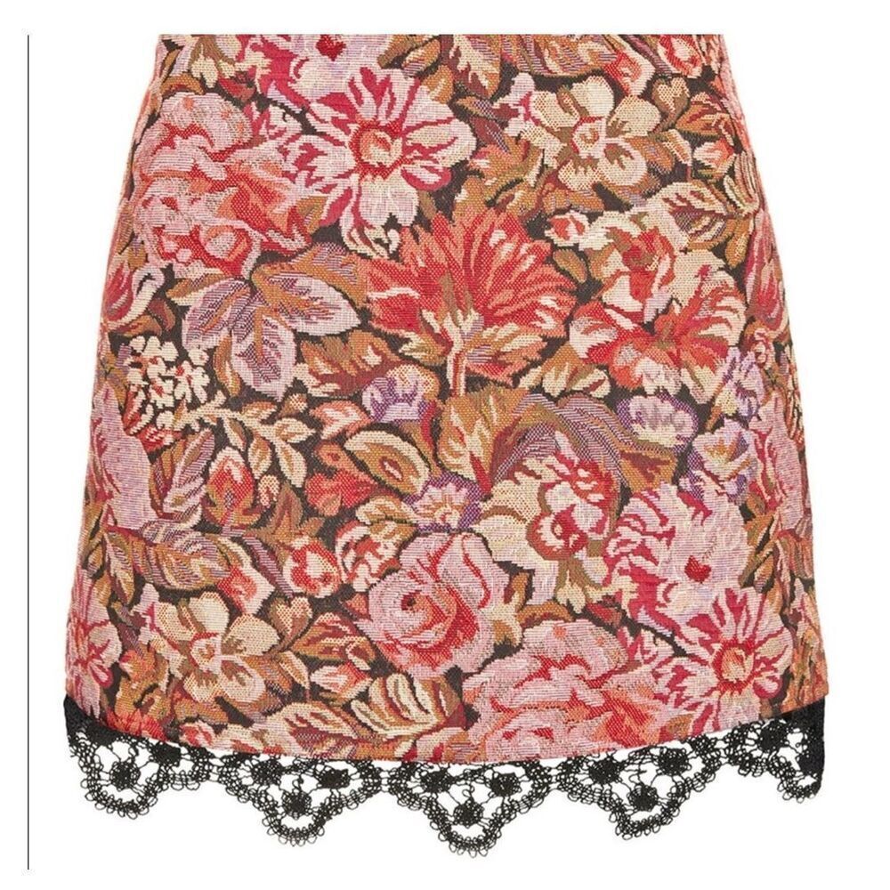 Topshop cotton blend floral tapestry mini skirt black lace trim size 6 petite